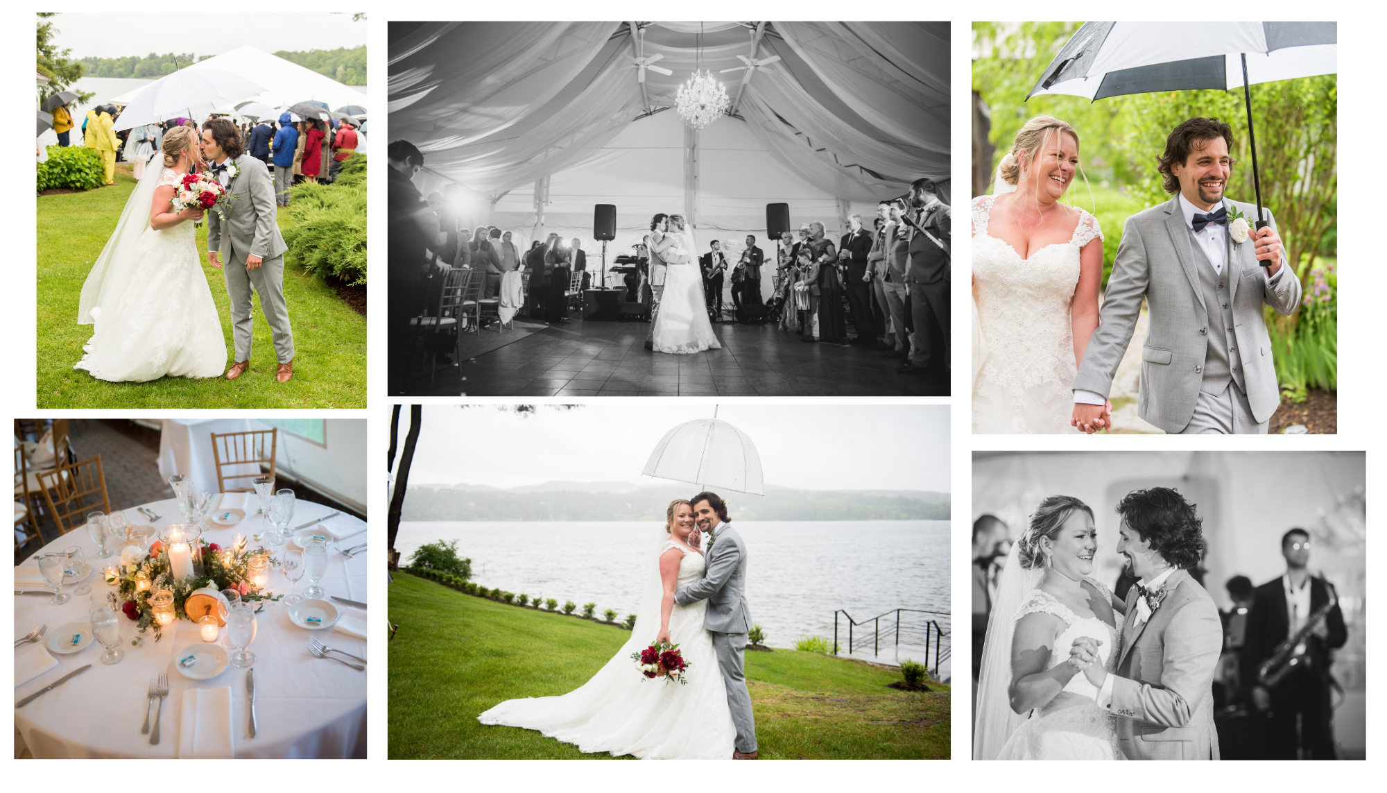 collage of photos from a wedding where it was raining but everyone was happy, using umbrellas and a. tent